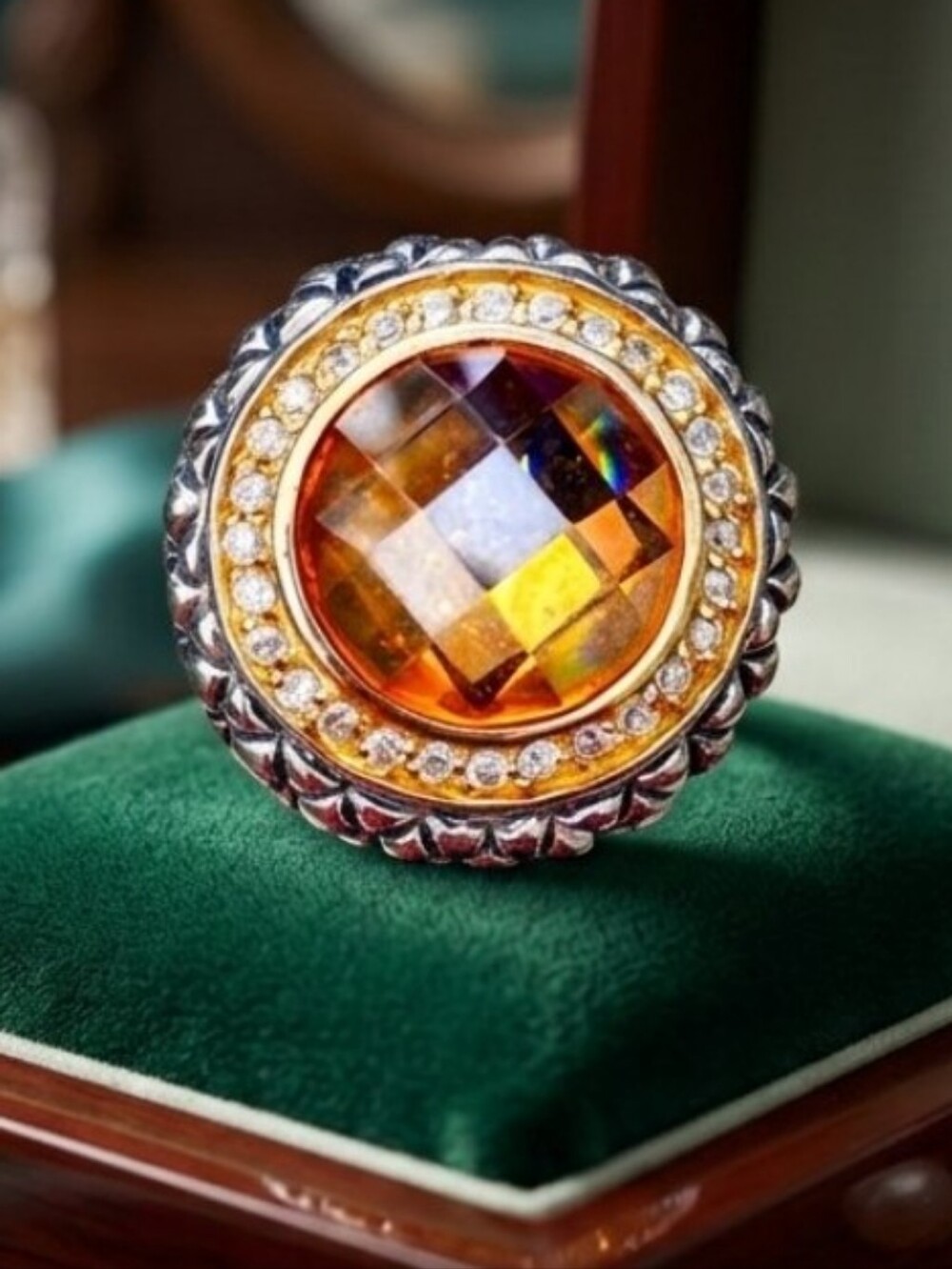 Sterling silver ring with Yellow Orange Diamonds Dome top size 6 Fine Jewelry